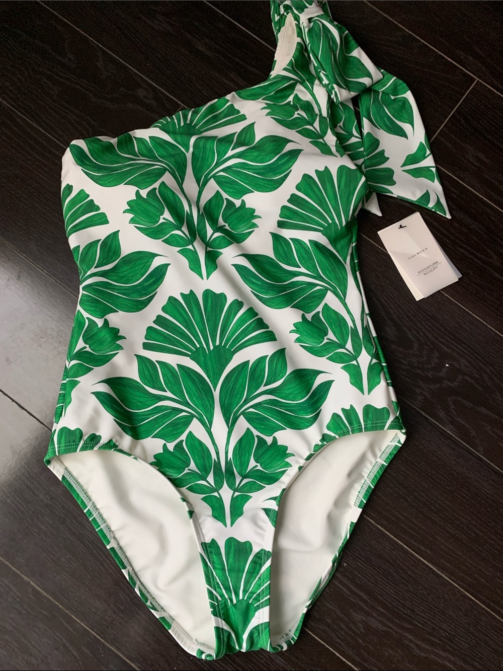 Alex Marie White One-Shoulder Swimsuit with Green Leaf Print